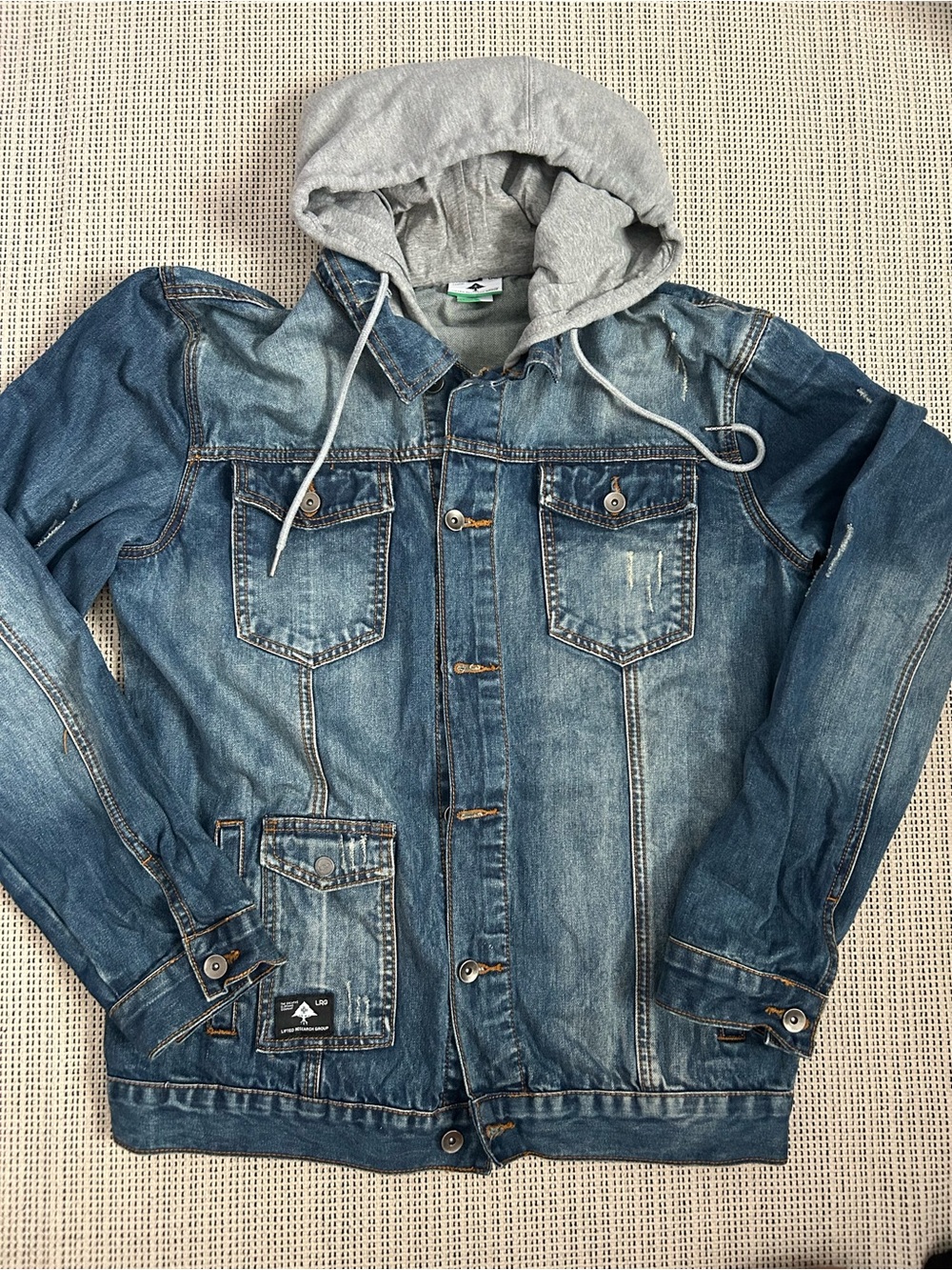 Denim Jacket with Gray Hooded Liner - Casual Layered Jean Jacket